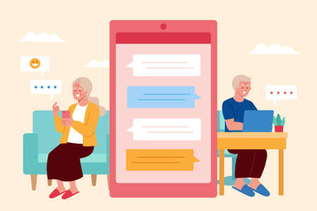 Elders texting online. Flat illustration of an elderly couple sending messages to each other on Internet with digital devicesのイラスト素材