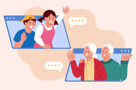 Greeting family via video call. Flat illustration of grandchildren meeting and saying hi to their grandparents onlineのイラスト素材