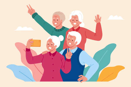 Elder taking selfie on a group tour. Flat illustration of an elderly woman using smartphone to take self-portrait for partnersのイラスト素材