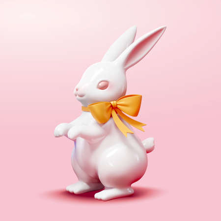 Easter white chocolate bunny. 3D Illustration of a standing rabbit made of white chocolate tied with a yellow ribbon bow on its neck isolated on pink backgroundのイラスト素材