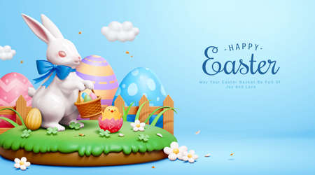 Easter egg hunt greeting card. 3d Illustration of bunny collecting Easter eggs with hatched chick on...