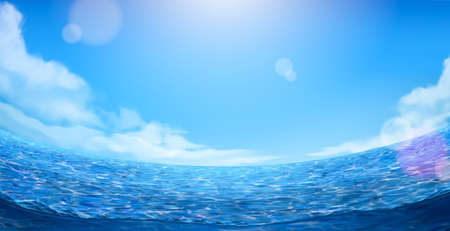 Daytime calm seascape background. 3D Illustration of ocean surface under the blue sky glared with sun by fisheye viewのイラスト素材