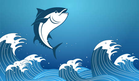 Flat style illustration of a bluefin tuna jumping out from strong waves splashing water through the sea on blue backgroundのイラスト素材