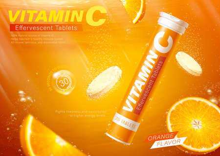 Vitamin C tablet ad. 3D Illustration of orange flavor effervescent tablets dissolving in the fizzy and bubbling water on orange backgroundのイラスト素材