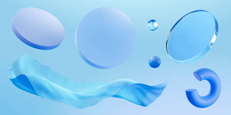 Set of 3D geometric elements including round discs, balls, and wavy fabric isolated on blue...