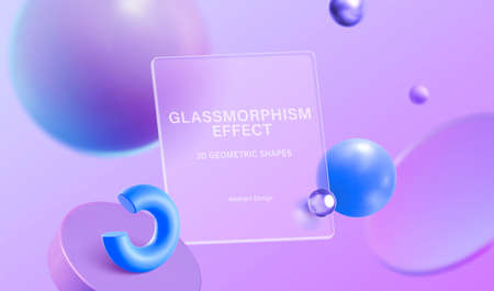 Violet background of 3d geometric shapes with glassmorphism square plate in the centerのイラスト素材