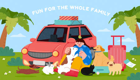 Vacation with pets. Flat illustration of a young woman going on vacation with lots of her pets which are her family memberのイラスト素材