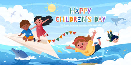 Illustration of two kids riding a paper airplane and other kids soaring through the surface of ocean as celebrations for Children's Dayのイラスト素材
