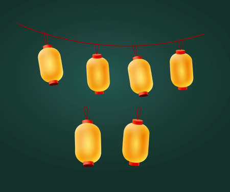 3D Illustration of luminous Chinese traditional lanterns isolated on emerald green backgroundのイラスト素材