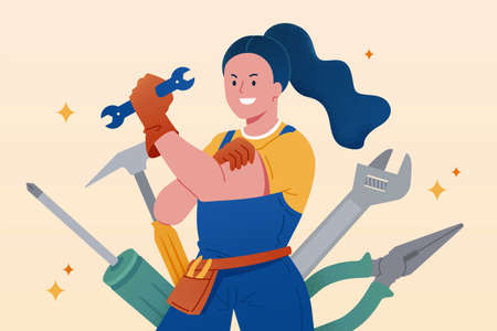 Flat illustration of a woman mechanic holding a spanner. Female handyman with different tools in the back.のイラスト素材