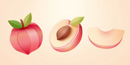 Geometric papercut style white peach mockup. illustrated white peach in whole piece, cut in half, and sliced isolated in pastel backgroundのイラスト素材