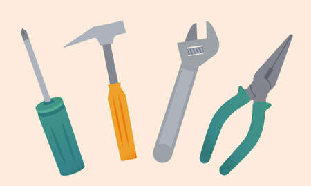 Set of basic hand tools including screwdriver, hammer, wrench, and pliers in flat illustration.