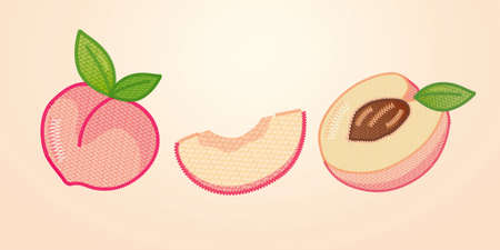 Retro embroidery patch white peach set. Illustrated white peach in whole piece, cut in half, and sliced isolated in pastel backgroundのイラスト素材