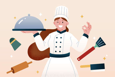 Happy woman chef in uniform holding dish with cooking tools around her, flat illustration.のイラスト素材