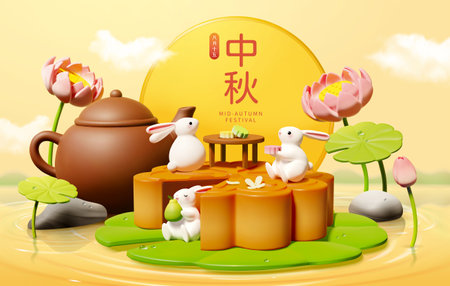 3D Illustration of jade rabbits eating mooncake and pomelo on big mooncake upon lotus leaf on lake with giant tea pot aside in front of full moon. Translation: August fifteenth. Mid Autumn Festivalのイラスト素材