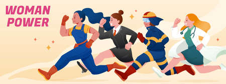 Flat illustration of women in different professions character running. Lawyer, technician, firefighter and doctor running.のイラスト素材