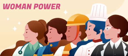Flat illustration of showing woman power, women of different professions standing together. Doctor, firefither, construction worker, chef and laywer.のイラスト素材