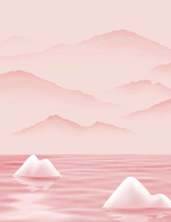 Dreamy landscape painting of pink colored river, mountain and stone in 3D illustrationのイラスト素材