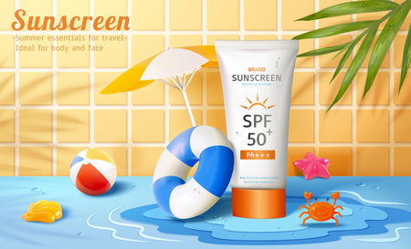 Sunscreen ad banner. 3D realistic sunblock tube in tiled swimming pool scene on papercut water puddle, with summer items on blue floor, including swim ring, ball, parasol, seashell, crab, and starfishのイラスト素材