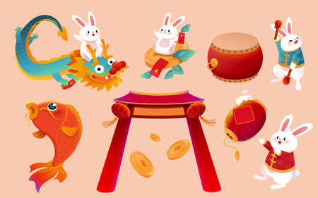 2023 CNY element set. Including festive rabbits riding on dragon, drumming and wearing traditional costume, drum, lantern, carp fish, coin and traditional arch isolated on light orange background.のイラスト素材