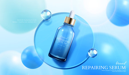 3d illustration of facial repairing serum ad. Dropper bottle on blue glass disk and blue circular design elements on light background.のイラスト素材