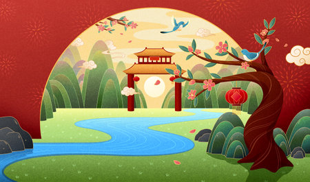 Classic luxury oriental style background. Chinese garden landscape illustration with Asian gate, river, mountains and palm blossom tree.のイラスト素材