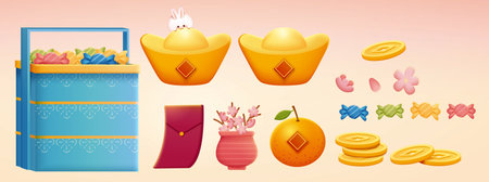 Traditional Chinese holiday objects, including coins, red envelope, sycee, orange, blossom and candy basket. Isolated on beige background.のイラスト素材