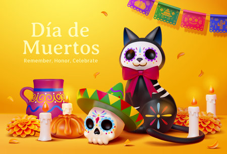 Day of the dead poster. 3d illustrated sugar skull in sombrero hat and a black cat in mask on yellow background with Dia de los muertos element decoration.のイラスト素材