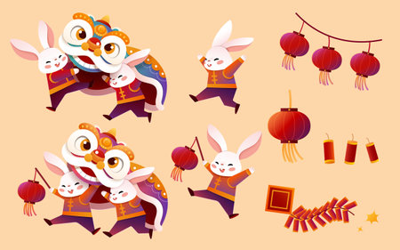 CNY lion dance set. Including rabbits in traditional costumes doing lion dance, holding lantern, dancing. And objects like lanterns decoration, firecrackers isolated on light orange background.のイラスト素材