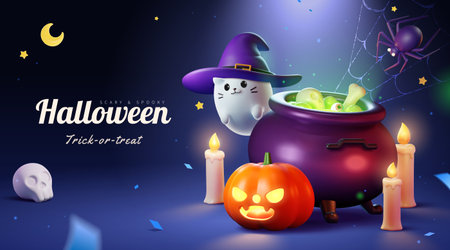 3d halloween poster. 3d illustrated cute cat ghost in witch hat flying around a pot in dark night setting with jack o lantern, candles, and confetti decorations.のイラスト素材