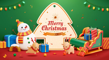 3d illustrated Christmas poster. Composition of a Christmas tree shape paper tag surrounded by gifts, snowman, reindeer and sleigh with more gift boxes.のイラスト素材