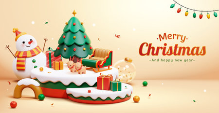 3d Christmas and new year banner. Snow covered podium decorated with reindeer sleigh, Christmas tree and gifts. Snowman and transparent bauble in the back on beige background.のイラスト素材