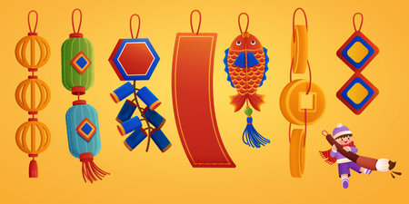 Chinese new year ornaments set isolated on yellow background. Various design ornaments and cute character writing with giant chinese brush.のイラスト素材