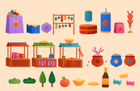 Cute illustrated Chinese new year market element set isolated on beige background.のイラスト素材