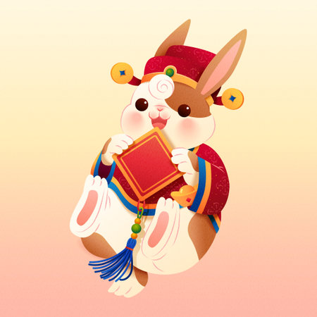 Cute bunny in chinese traditional outfit holding doufang isolated on pastel pink gradient background.のイラスト素材