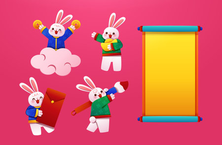 Papercut year of the rabbit element set isolated on hot pink background. Including bunnies with red envelope, riding on cloud, holding gold ingot, and writing with chinese brush. And paper scroll.のイラスト素材