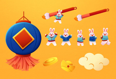 Papercut style year of the rabbit element set isolated on yellow background. Including Chinese brush, tiny bunnies, coin, gold ingot, cloud, and lantern.のイラスト素材