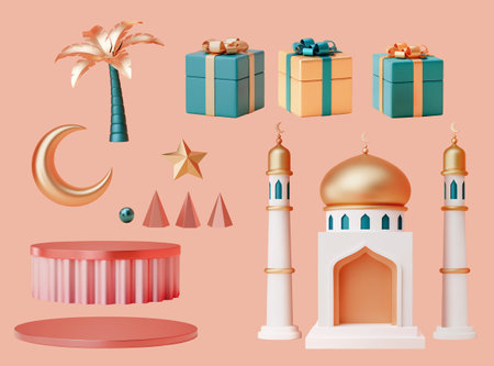 3d Islamic holiday element set isolated on pink background. Including palm tree, gifts, crescent moon, star, decorations, cylinder display podium, and mosque.のイラスト素材
