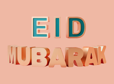 Gold Eid Mubarak 3D design text isolated on pink background.のイラスト素材