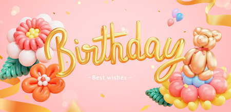 3D illustrated birthday banner. Beautiful flowers, bear and birthday balloon art on pink background with confetti and ribbon.のイラスト素材