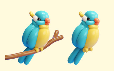 3D twisted balloon bird isolated on cream white background. One standing on a twig and one without.のイラスト素材