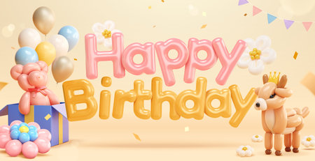 3D happy birthday balloon typography banner. Twisted bear balloon in gift box and deer balloon. With flowers decoration, garland, and confetti on light yellow background.のイラスト素材