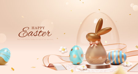 3D chocolate Easter bunny in transparent eggshell decoration on light pink background. Ribbon, painted eggs and daisies scattered around.のイラスト素材