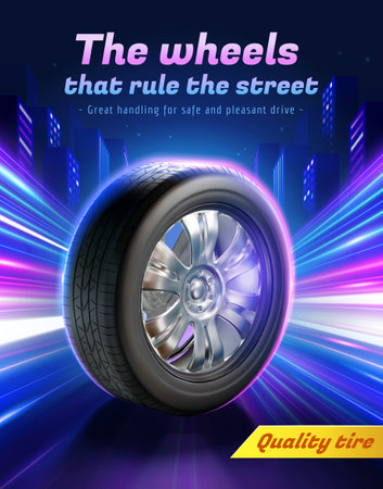 Futuristic tire ad template. 3D realistic tire on neon beam light effect and cityscape background. Concept of high speed quality tire.のイラスト素材