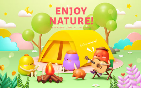 3D vibrant camping night illustration. Cute cartoon characters sitting around campfire toasting marshmallows. And dog running on meadow.のイラスト素材