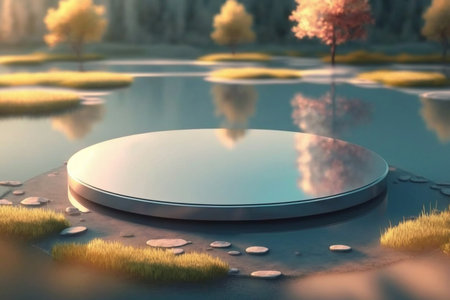 Illustration of display podium on land surface with bokeh landscape background. Generative AIの素材