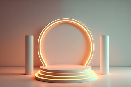 Illustration of a minimalist white display podium with a sleek circular arch background template. Generative AI.の素材