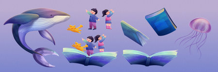 Books and marine life set isolated on blue gradient background. Including whale, children, dog, books, and jelly fish.のイラスト素材