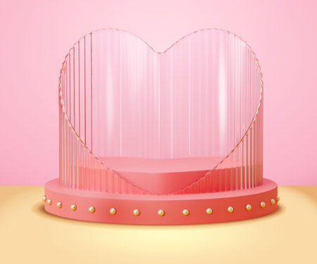 3D display podium with heart shape design stripe glass partition on pink wall and light yellow floor backgroundのイラスト素材