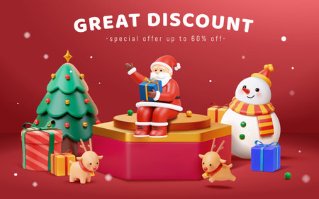 3D Red Christmas discount promotion poster. Santa sitting on red hexagon podium surrounded by Christmas tree, snowman, gifts, and reindeer.のイラスト素材